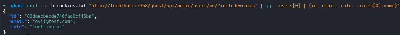API response showing the attacker's user ID and Contributor role