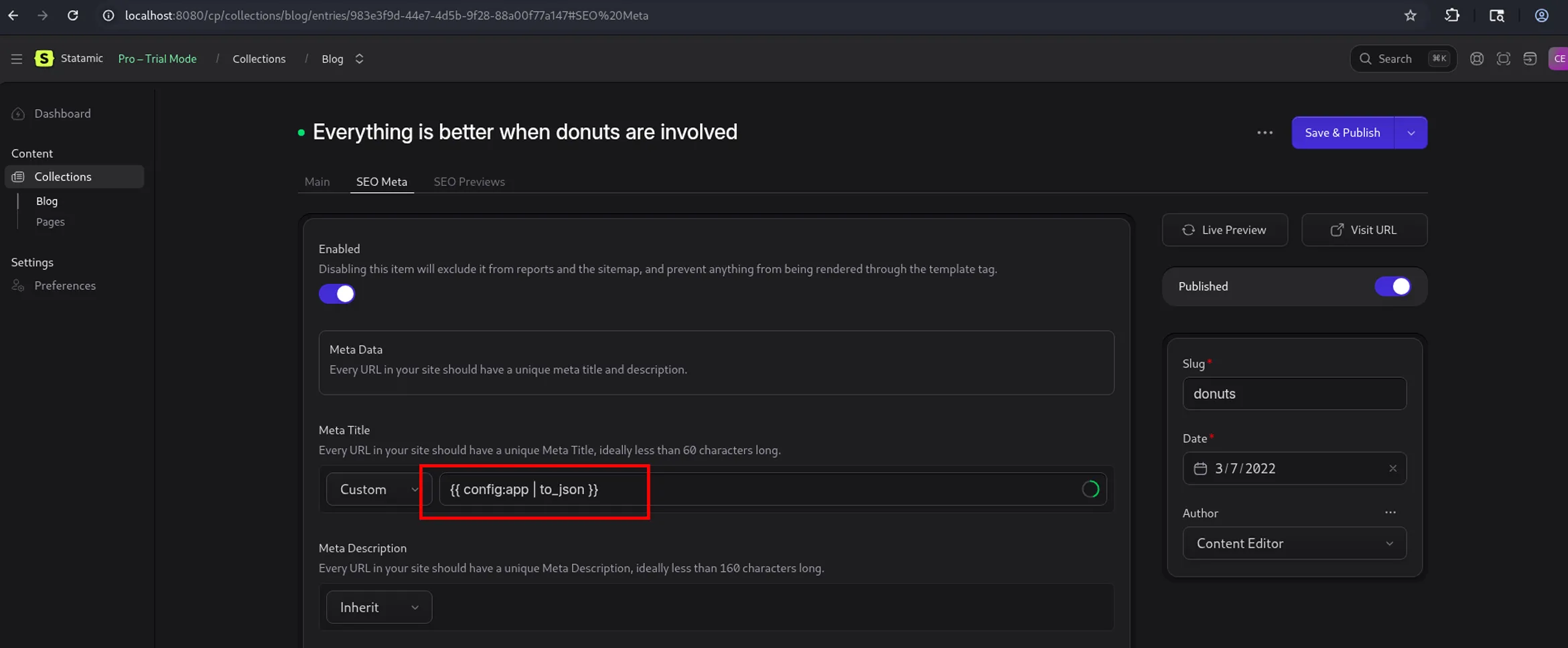 SEO Pro custom Meta Title field with the Antlers payload entered