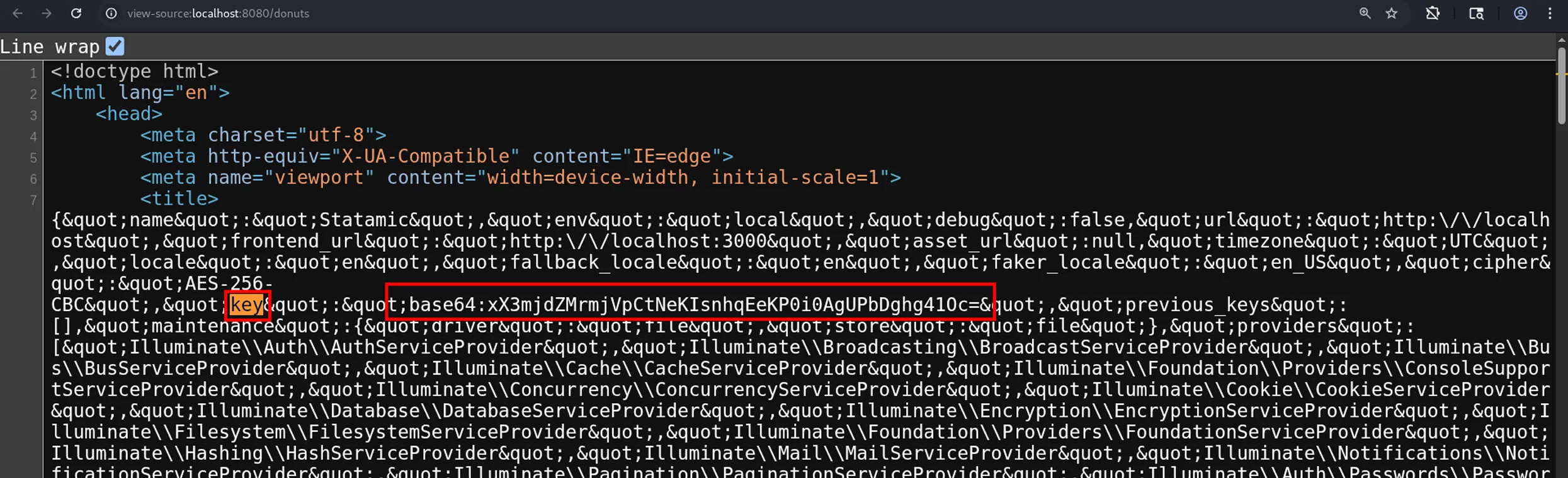 Public page source showing the serialized Laravel app config (APP_KEY, cipher, env) leaking through the title tag