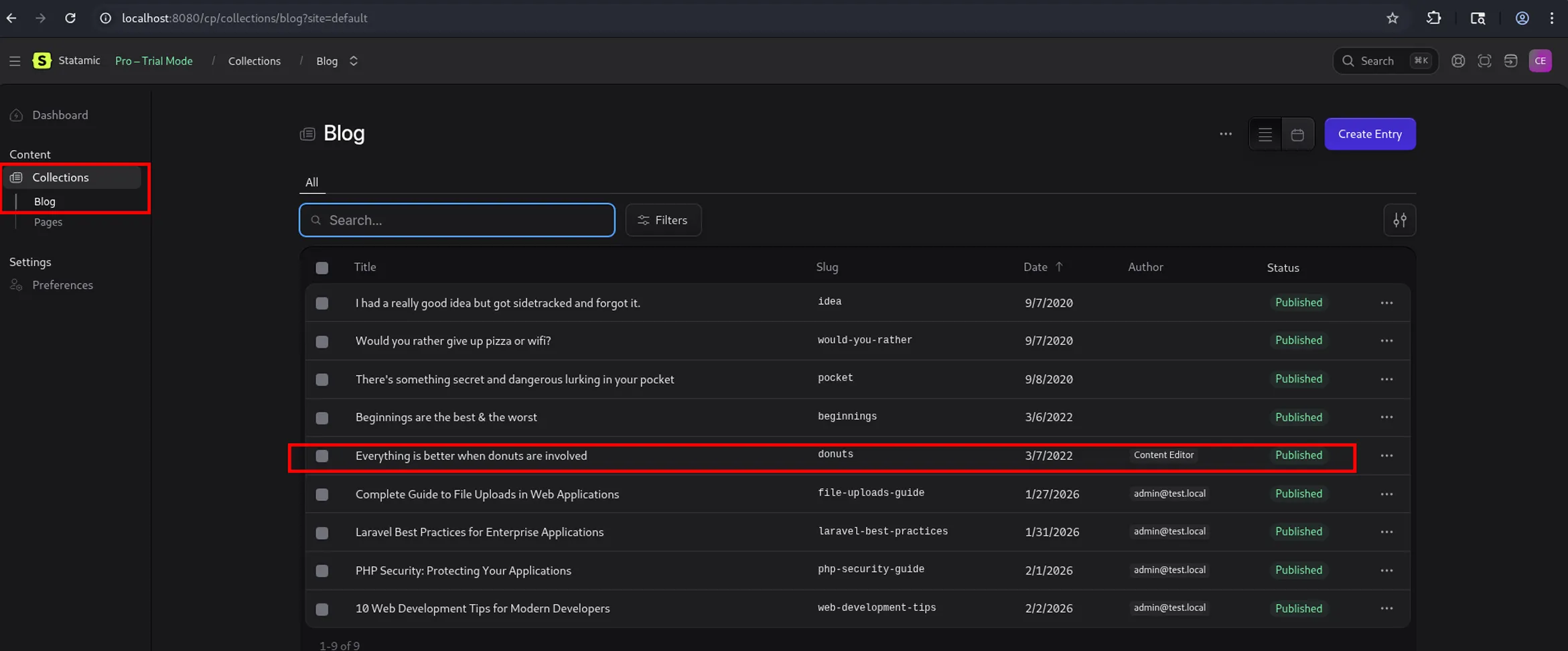 Editing a blog entry in the Statamic control panel