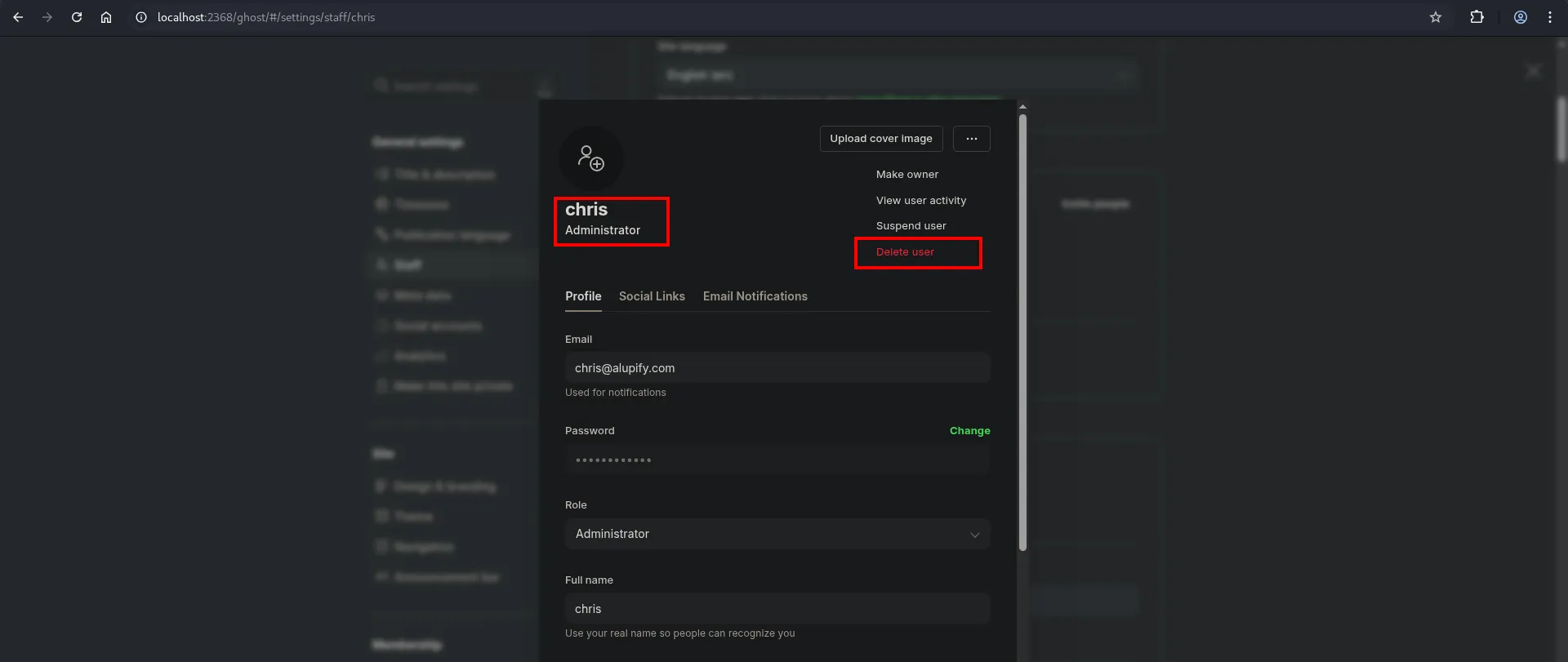 Attacker with Owner role deleting the original owner's account from Ghost admin