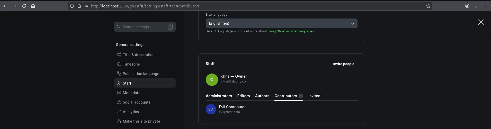 Ghost admin staff page showing Owner and Contributor roles before the attack