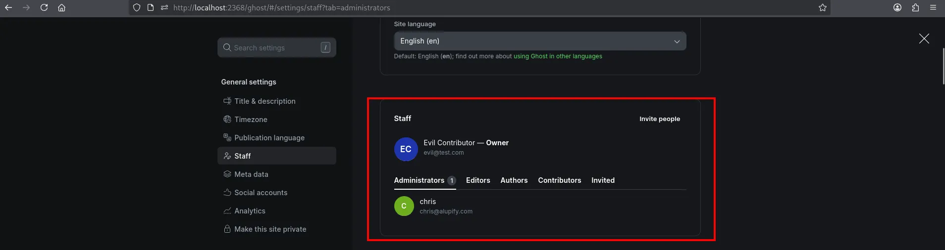 Ghost admin staff page showing evil@test.com as Owner and chris@alupify.com demoted to Administrator